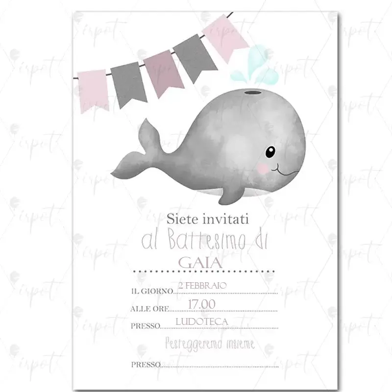 Inviti battesimo balena rosa personalizzati - 20 pz