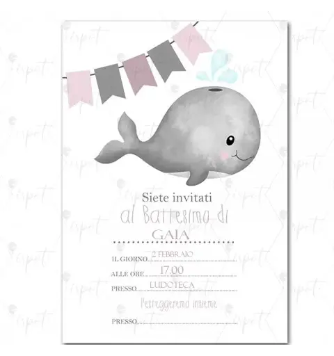Inviti battesimo balena rosa personalizzati - 20 pz