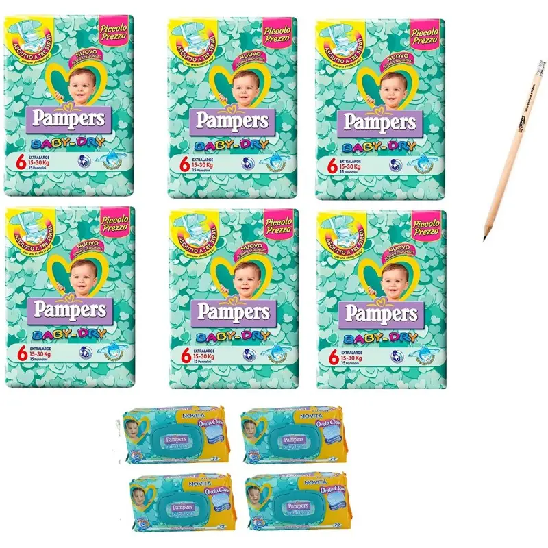 6 pacchi di pannolini Pampers 6 taglia con 4 confezioni di salviette