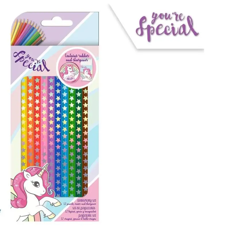 Set 12 Pastelli Colorati Unicorno You Are Special con temperamatite e gomma KL11081