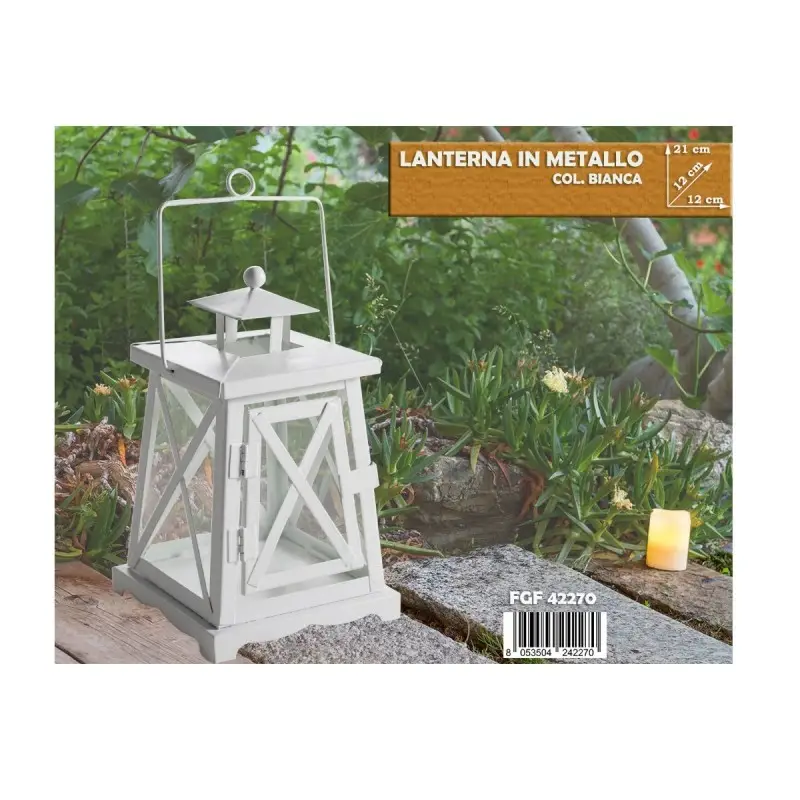 lanterna bianca in metallo con camino 20,5x12x12 cm 2270