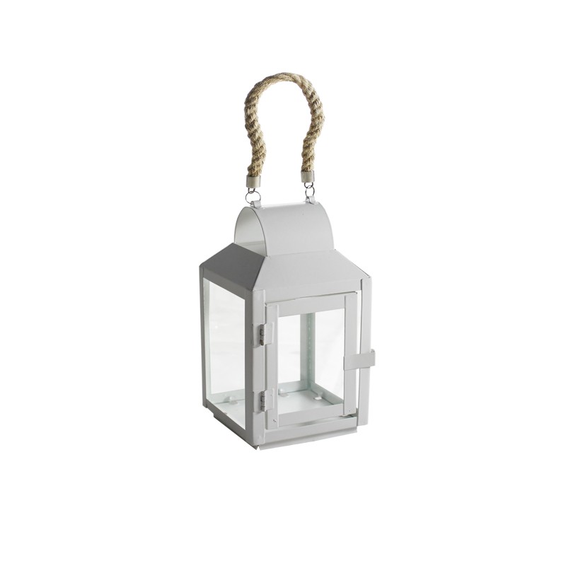 lanterna bianca in metallo con manico in ratan 10,5x10,5x21cm 2263