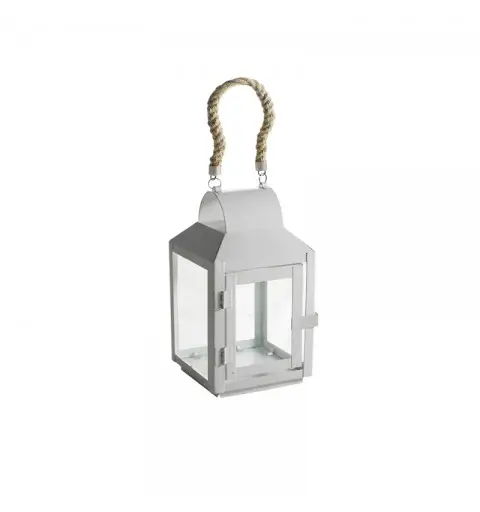 lanterna bianca in metallo con manico in ratan 10,5x10,5x21cm 2263