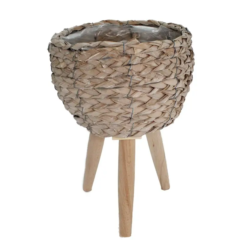 porta pianta tondo in ratan con piedi in legno diametro 21x h 28 cm - 6470