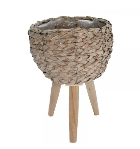 porta pianta tondo in ratan con piedi in legno diametro 21x h 28 cm - 6470