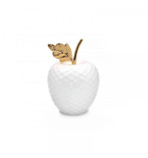 mela decorativa in ceramica bianca foglia oro 14 cm 90812