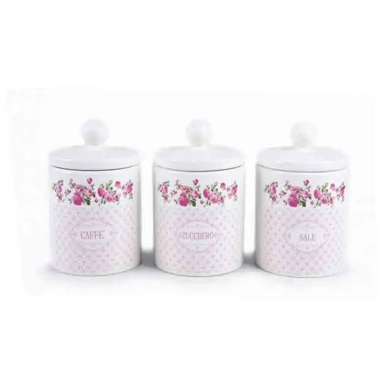 tris barattoli rosa caffè, zucchero e sale