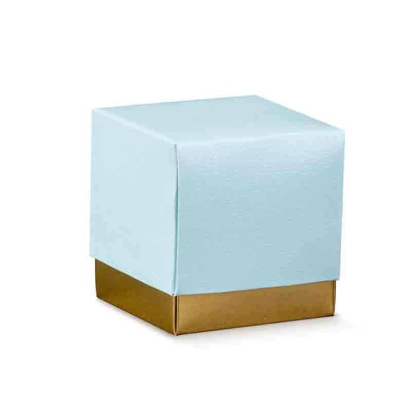 Scatolina in cartoncino teso lino cipria azzurro / oro 17360 50 x 50 x 50 mm