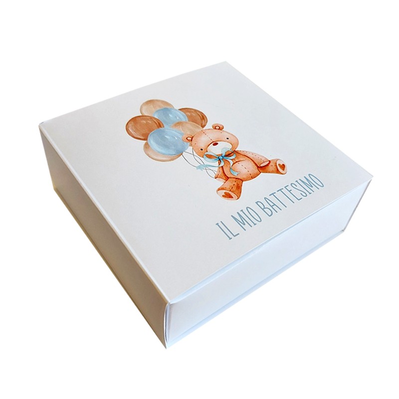 scatola degustazione porta confetti  battesimo orsetto celeste con palloncini