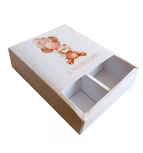 Box degustazione confetti battesimo orsetta rosa con palloncini
