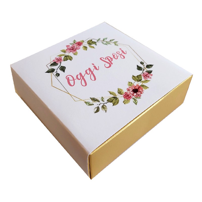 Box degustazione confetti oggi sposi floreale con base dorata