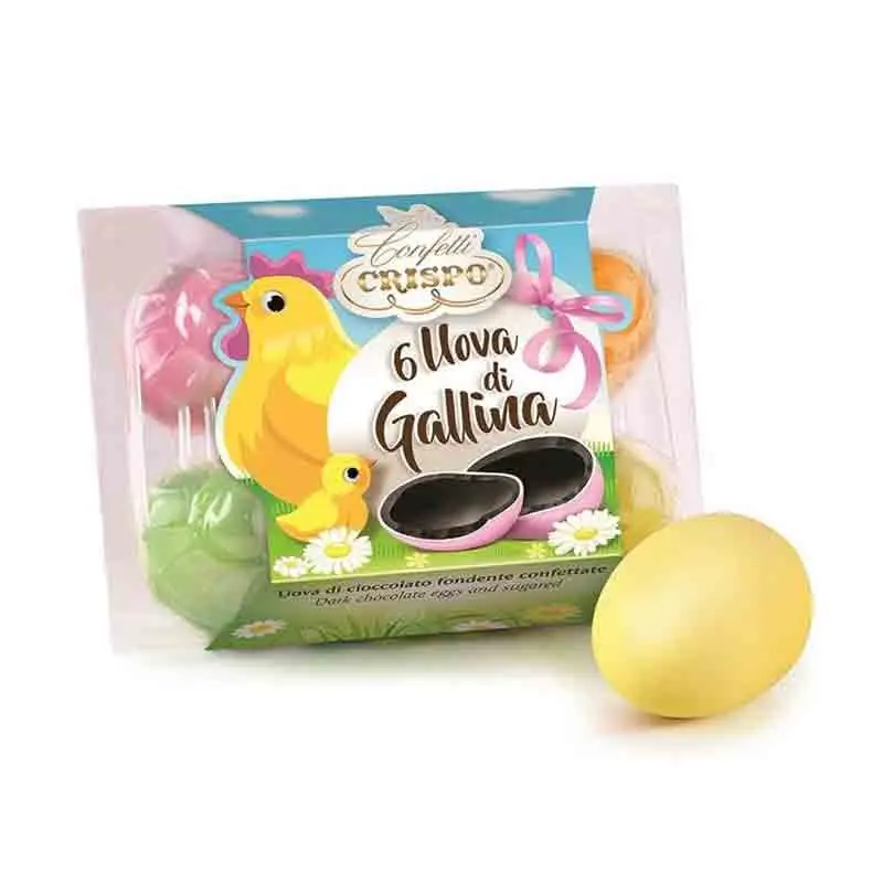 Confezione da 6 uova confettate di cioccolato extra fondente crispo 210gr in blister
