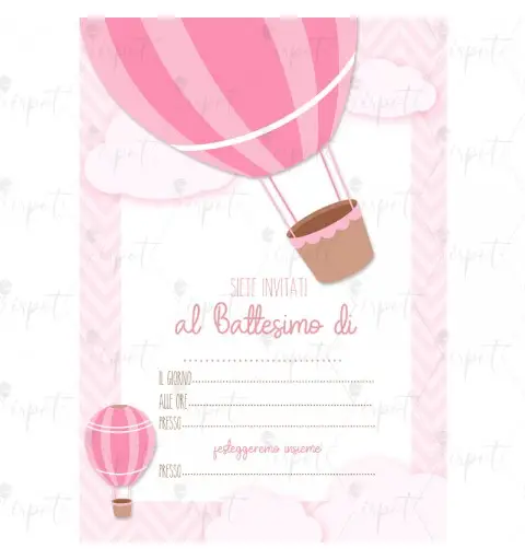 20 INVITI DI CARTA BATTESIMO MONGOLFIERA ROSA PERSONALIZZABILI