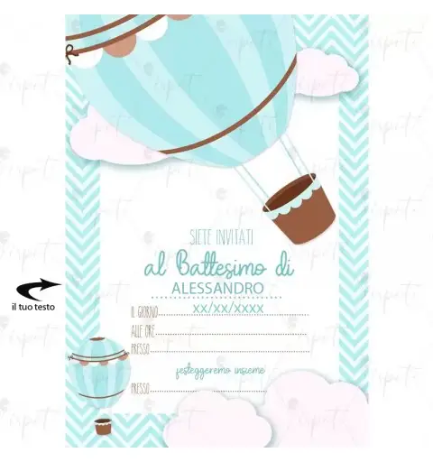 Inviti Battesimo Mongolfiera Celeste di carta personalizzabili - 20pz