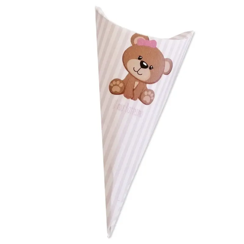 cono in cartoncino il mio battesimo orsetta rosa  h 15 cm x larghezza 7,5 cm
