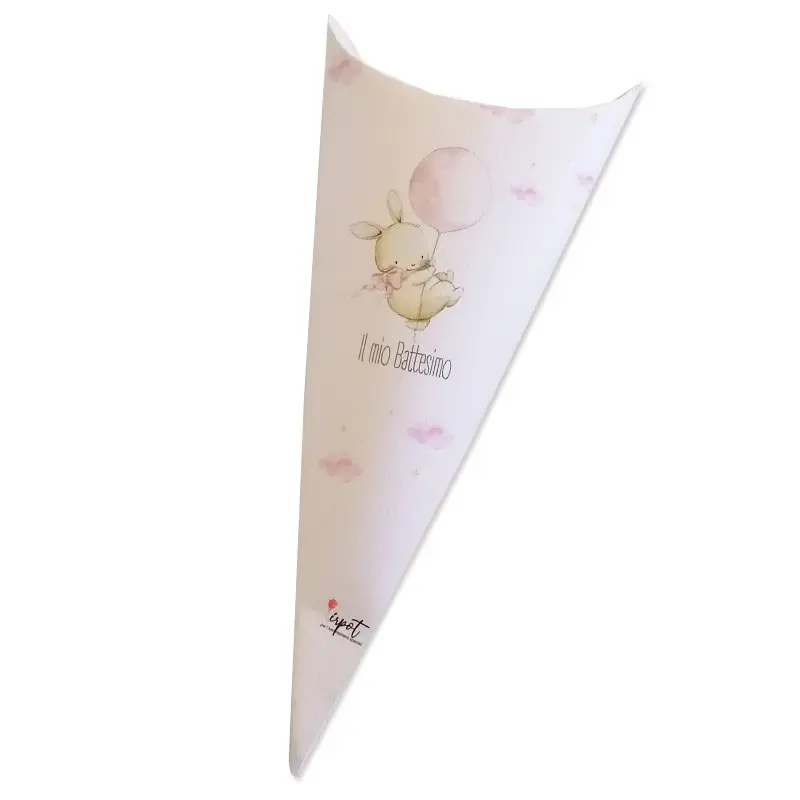 cono in cartoncino battesimo rosa bunny coniglietto  h 15 cm x larghezza 7,5 cm