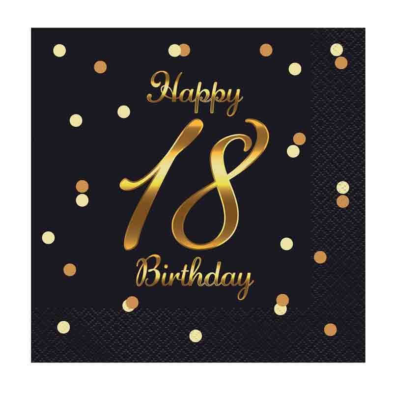 20 Tovaglioli di carta B&C Happy 18 Birthday nero stampa oro 33 x 33 cm PG-S18C