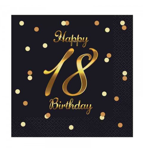 20 Tovaglioli di carta B&C Happy 18 Birthday nero stampa oro 33 x 33 cm PG-S18C