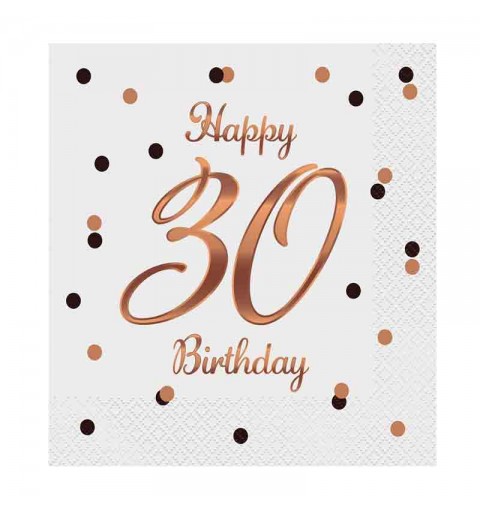 20 Tovaglioli di carta B&C Happy 30 Birthday bianco stampa oro rosa 33 x 33 cm PG-S30B