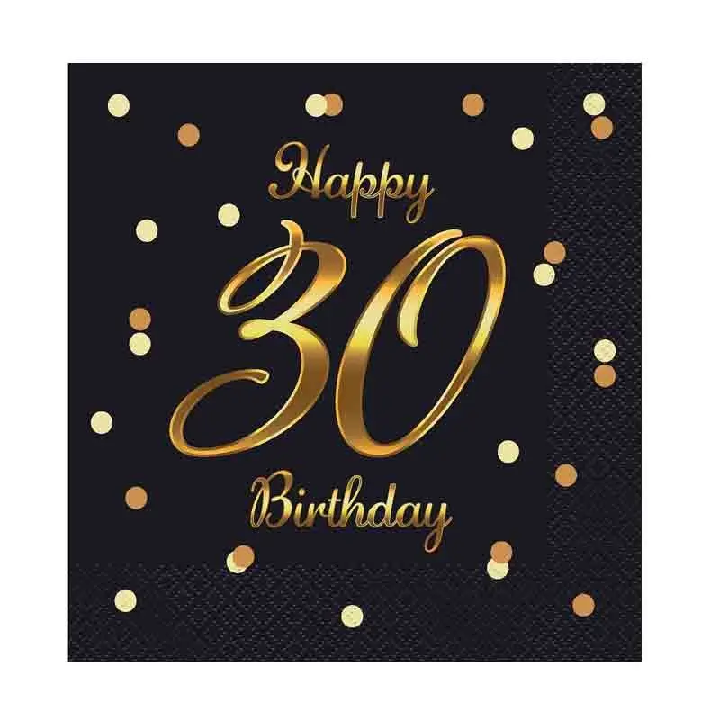 20 Tovaglioli di carta B&C Happy 30 Birthday nero stampa oro 33 x 33 cm PG-S30C