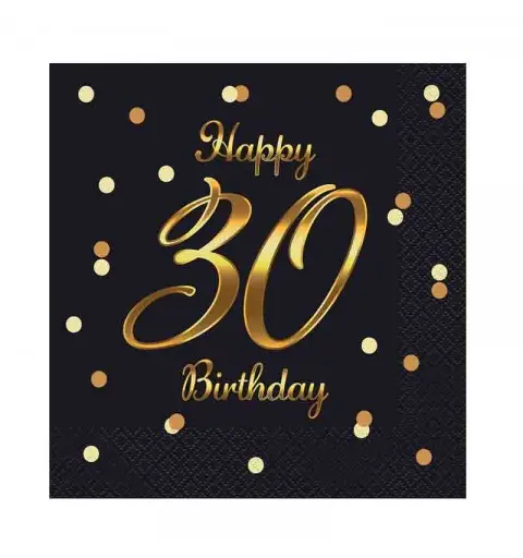 20 Tovaglioli di carta B&C Happy 30 Birthday nero stampa oro 33 x 33 cm PG-S30C