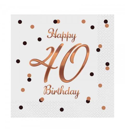 20 Tovaglioli di carta B&C Happy 40 Birthday bianco stampa oro rosa 33 x 33 cm PG-S40B