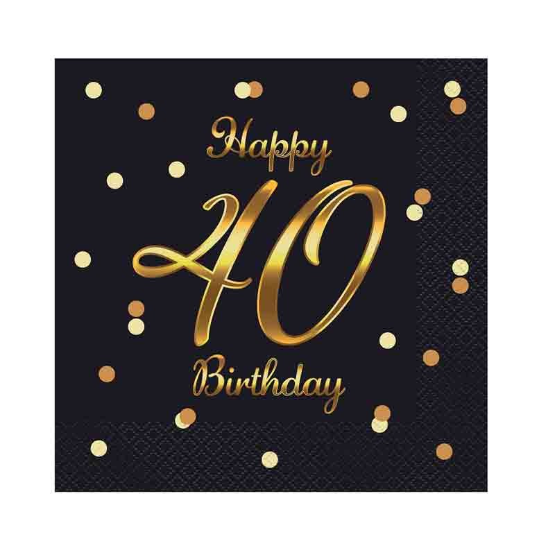 20 Tovaglioli di carta B&C Happy 40 Birthday nero stampa oro 33 x 33 cm PG-S40C