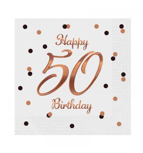 20 Tovaglioli di carta B&C Happy 50 Birthday bianco stampa oro rosa 33 x 33 cm PG-S50B