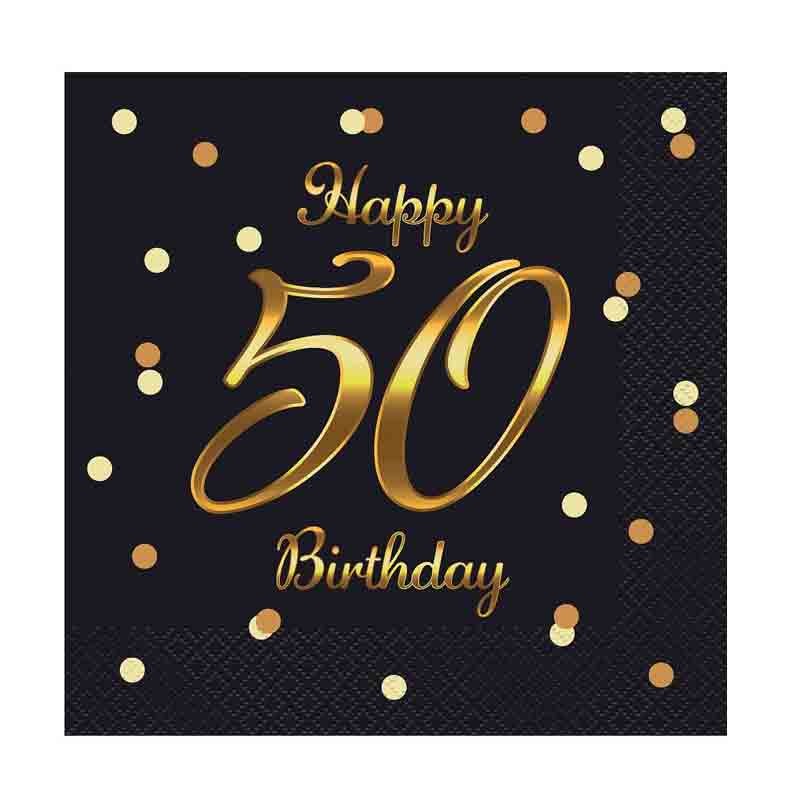 20 Tovaglioli di carta B&C Happy 50 Birthday nero stampa oro 33 x 33 cm PG-S50C