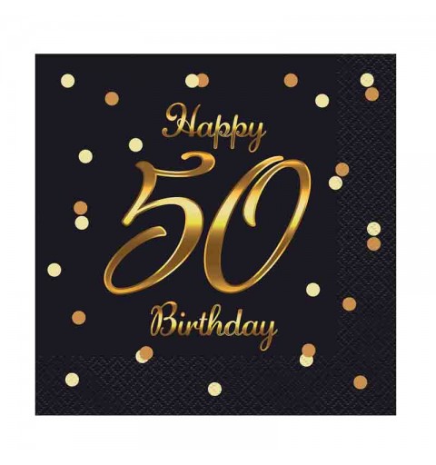 20 Tovaglioli di carta B&C Happy 50 Birthday nero stampa oro 33 x 33 cm PG-S50C