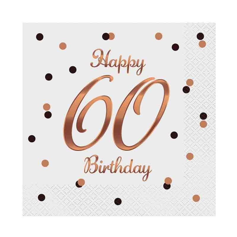 20 Tovaglioli di carta B&C Happy 60 Birthday bianco stampa oro rosa 33 x 33 cm PG-S60B