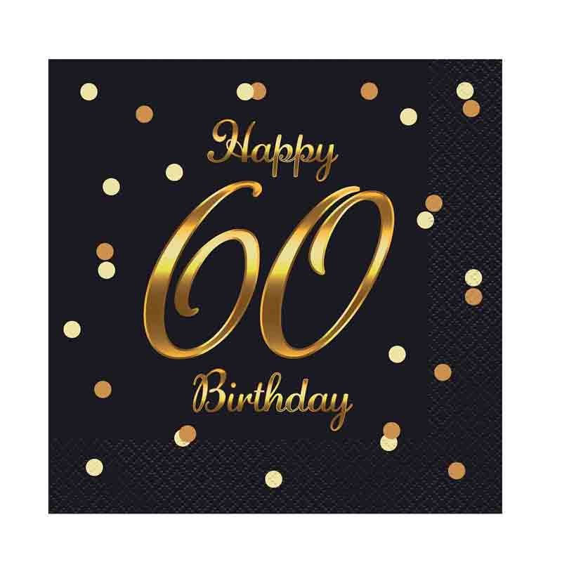 20 Tovaglioli di carta B&C Happy 60 Birthday nero stampa oro 33 x 33 cm PG-S60C