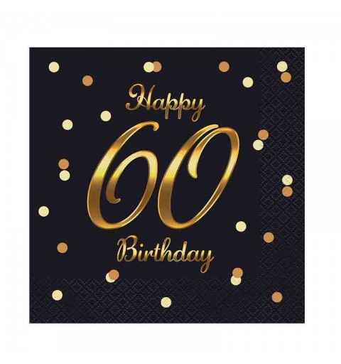 20 Tovaglioli di carta B&C Happy 60 Birthday nero stampa oro 33 x 33 cm PG-S60C