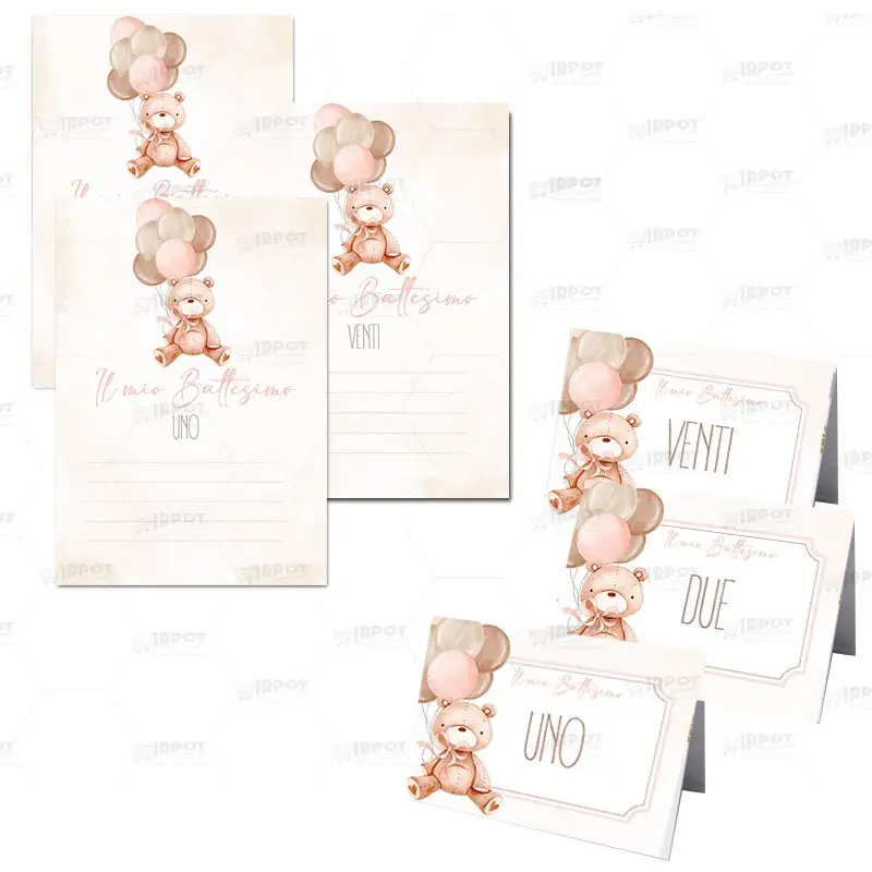 Kit Segnatavolo e segnaposto Battesimo Orsetto Rosa con Palloncini