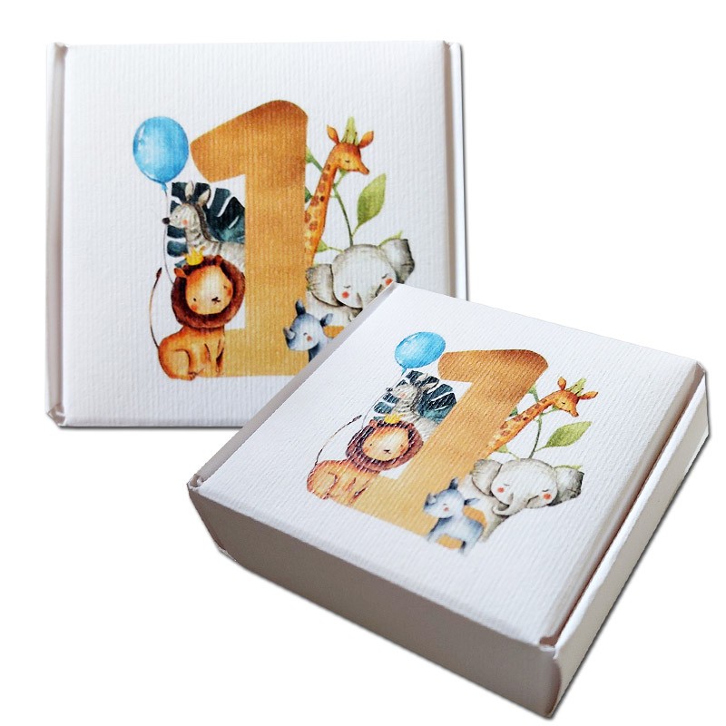 Scatolina in cartoncino mattonella quadrata 1 Anno Animaletti - 6,5 x 6,5 x2h cm