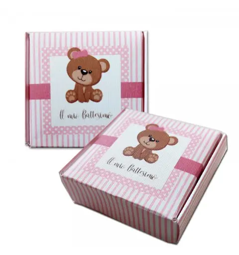 Scatolina in cartoncino mattonella quadrata Battesimo Orsetto Rosa  - 6,5 x 6,5 x2h cm