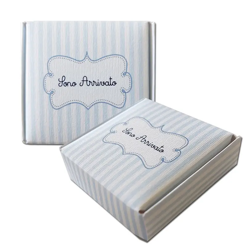 Scatolina in cartoncino mattonella quadrata Nascita Strisce Celeste - 6,5 x 6,5 x2h cm
