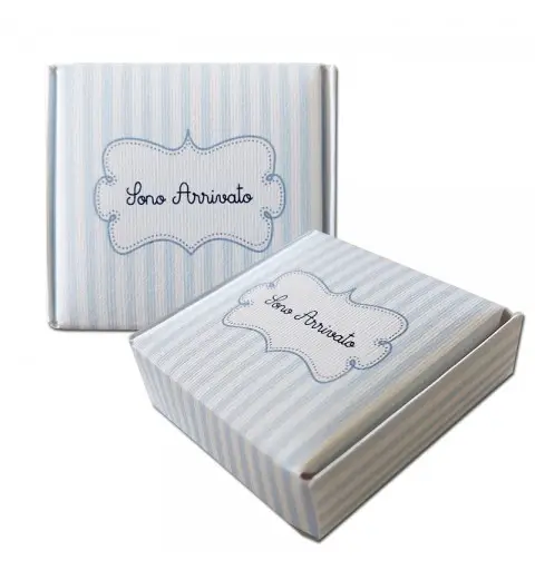 Scatolina in cartoncino mattonella quadrata Nascita Strisce Celeste - 6,5 x 6,5 x2h cm