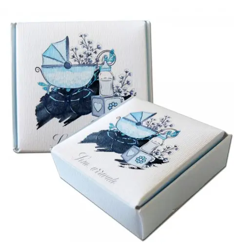 Scatolina in cartoncino mattonella quadrata Sono Arrivato Carrozzina Celeste - 6,5 x 6,5 x2h cm