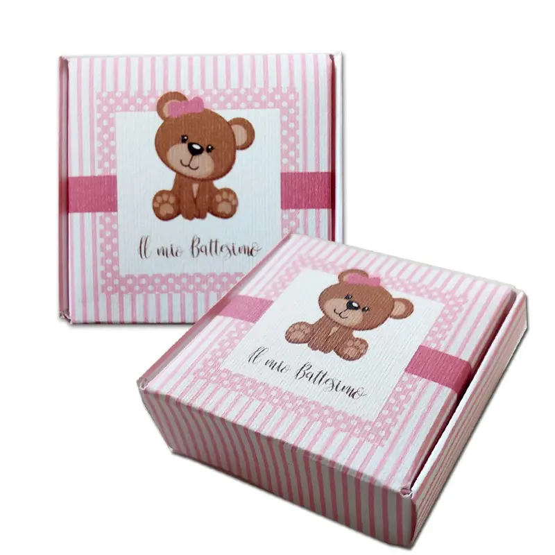 Scatolina in cartoncino mattonella quadrata Battesimo Orsetto Rosa  - 6,5 x 6,5 x2h cm