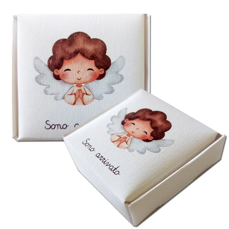 Scatolina in cartoncino mattonella quadrata Sono Arrivato Angioletto - 6,5 x 6,5 x2h cm