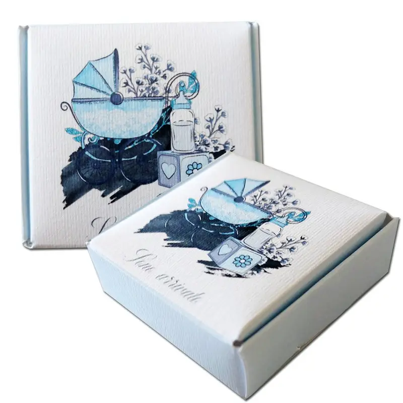 Scatolina in cartoncino mattonella quadrata Sono Arrivato Carrozzina Celeste - 6,5 x 6,5 x2h cm