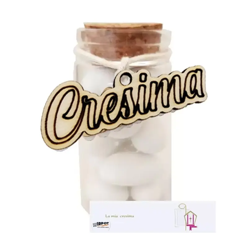 24 BOMBONIERE CRESIMA CON PROVETTE BASSE E DECORAZIONE DI LEGNO