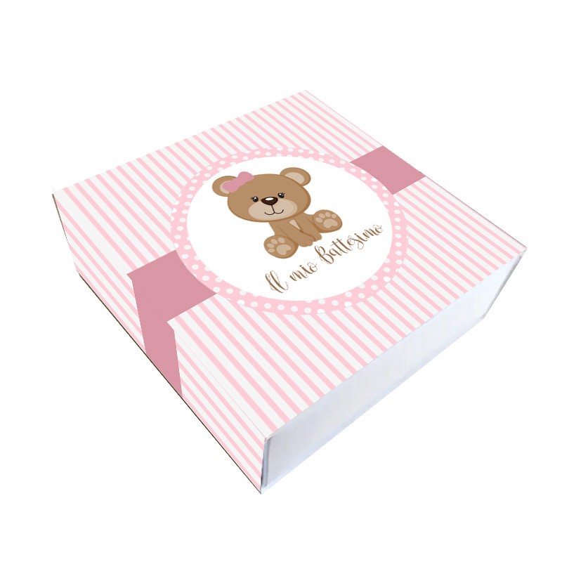 scatola degustazione porta confetti battesimo orsetta rosa