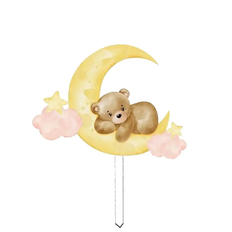 Cake Topper in plexiglass orsetto su luna e nuvole rosa
