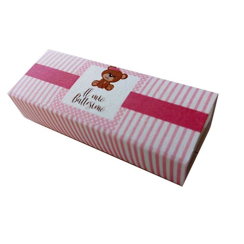 Scatolina in cartoncino fiammifero battesimo orsetto rosa 9 x 3,5 x 2 cm portaconfetti
