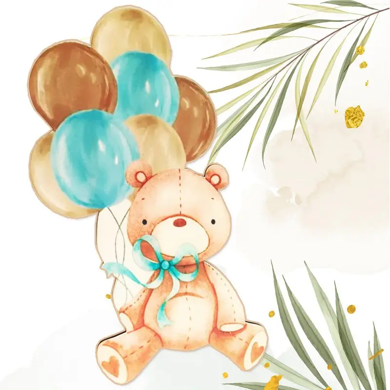 Sagoma 50 cm legno orsetto palloncini celesti