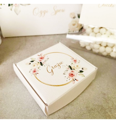 Scatolina in cartoncino mattonella quadrata matrimonio rose grazie floral 6,5 x 6,5 x2h cm