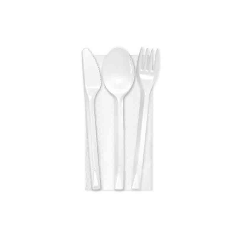 100 pz Tris+1 bianco BIO Coltello, forchetta, cucchiaio e tovagliolo compostabili 997382