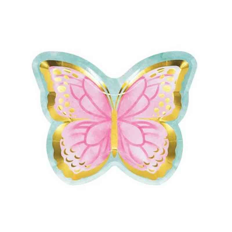 8 Piatti sagomati in carta Butterfly Farfalla rosa e oro 355770